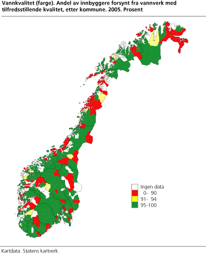 Vannkvalitet (farge). Andel av innbyggere forsynt fra vannverk med tilfredsstillende kvalitet, etter kommune. 2005. Prosent