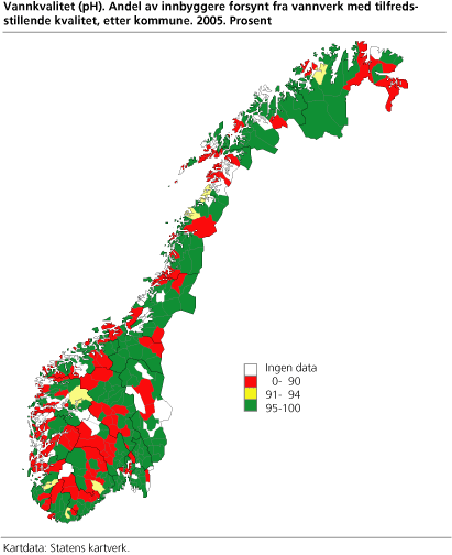 Vannkvalitet (pH). Andel av innbyggere forsynt fra vannverk med tilfredsstillende kvalitet, etter kommune. 2005. Prosent