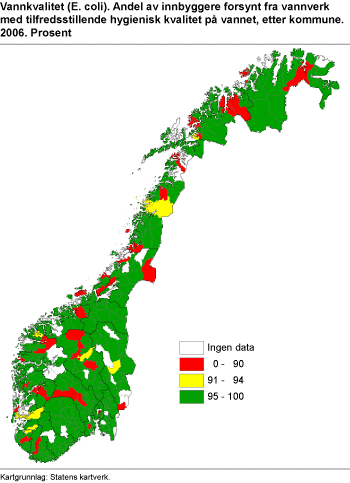 Vannkvalitet (E. coli). Andel av innbyggere forsynt fra vannverk med tilfredsstillende hygienisk kvalitet på vannet, etter kommune. 2006. Prosent