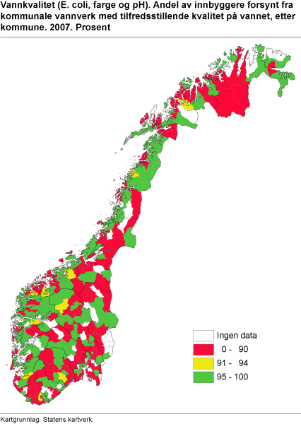 Vannkvalitet (E. coli, farge og pH) - Andel av innbyggere forsynt fra kommunale vannverk med tilfredsstillende kvalitet på vannet, etter kommune. 2007. Prosent 