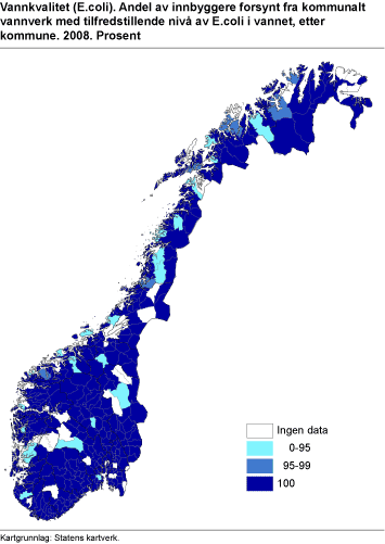 Vannkvalitet (E.coli). Andel av innbyggere forsynt fra kommunalt vannverk med tilfredstillende nivå av E.coli i vannet, etter kommune. 2008. Prosent