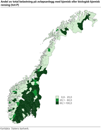 Andel av total belastning på avløpsanlegg med kjemisk eller biologisk-kjemisk rensing (tot-P) 