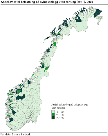 Andel av total belastning på avløpsanlegg uten rensing (tot-P). 2003 