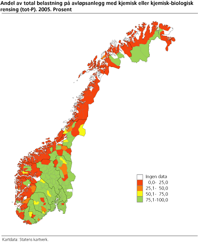 Andel av total belastning på avløpsanlegg med kjemisk eller kjemisk-biologisk rensing (tot-P). 2005. Prosent