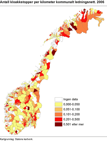 Antall kloakkstopper per kilometer kommunalt ledningsnett. 2006 