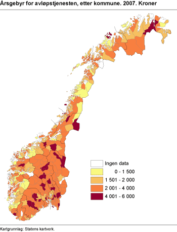 Årsgebyr for avløpstjenesten, etter kommune. 2007. Kroner