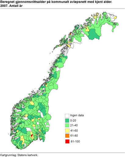 Beregnet gjennomsnittsalder på kommunalt avløpsnett med kjent alder. 2007. Antall år