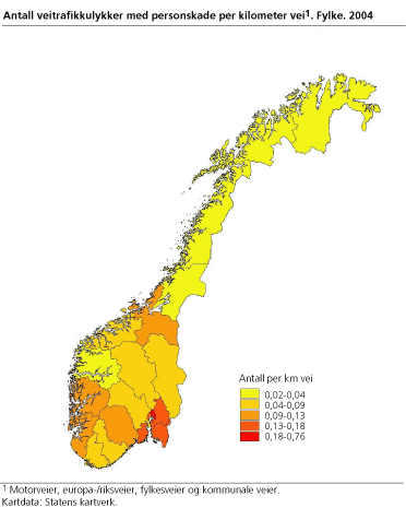 Antall veitrafikkulykker med personskade per kilometer vei, etter fylke. 2004