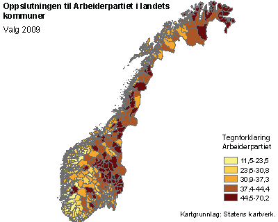 Oppslutningen til Arbeiderpartiet i landets kommuner