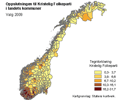 Oppslutningen til Kristelig Folkeparti i landets kommuner