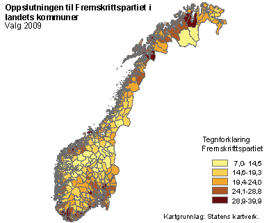 Oppslutningen til Fremskrittspartiet i landets kommuner