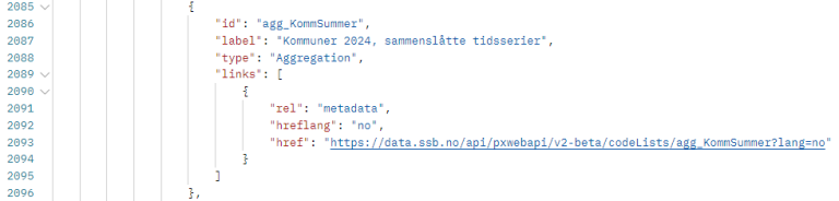 Utsnitt av tabell 07459 om grupperinger som vises under endepunkt metadata (codeLists/agg).