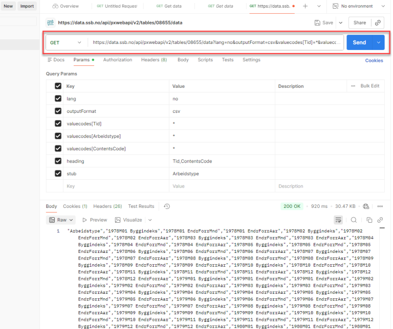 Hvordan du limer inn GET-lenka i Postman.