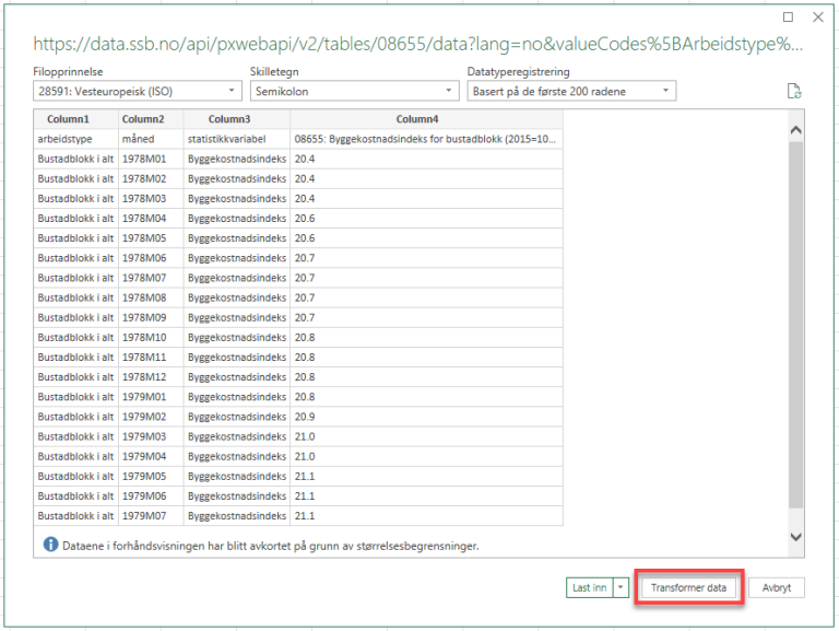 Velg "Transformer data" til innhenting.