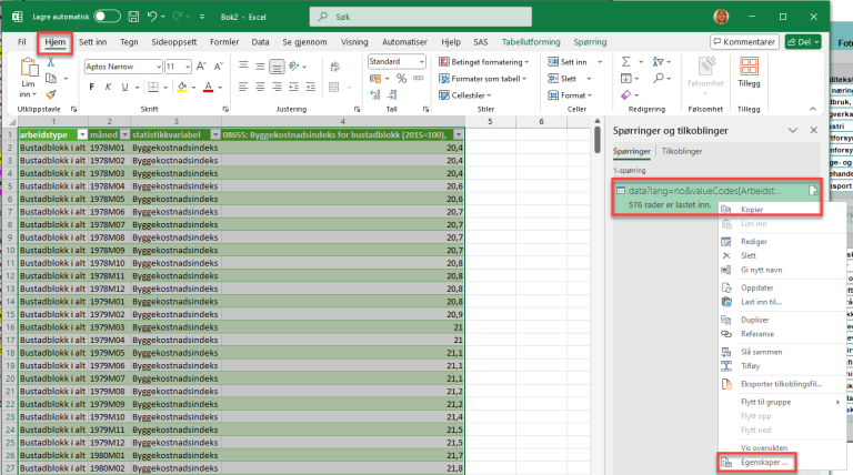 Under fanen "Hjem" har man nå et vindu til høyre i tabellen som heter "Spørringer og tilkoblinger". Høyreklikker man på "fila" som vises der, kan man velge "Egenskaper".