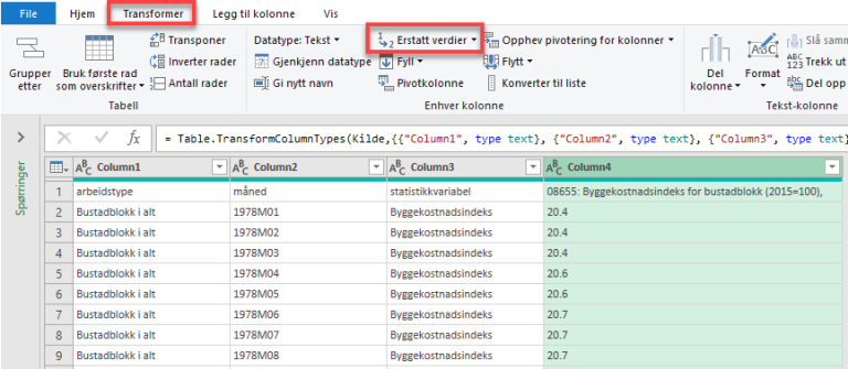 Under fanen "Transformer" velger man "Erstatt verdier" for å endre desimaltegnet punktum til komma.