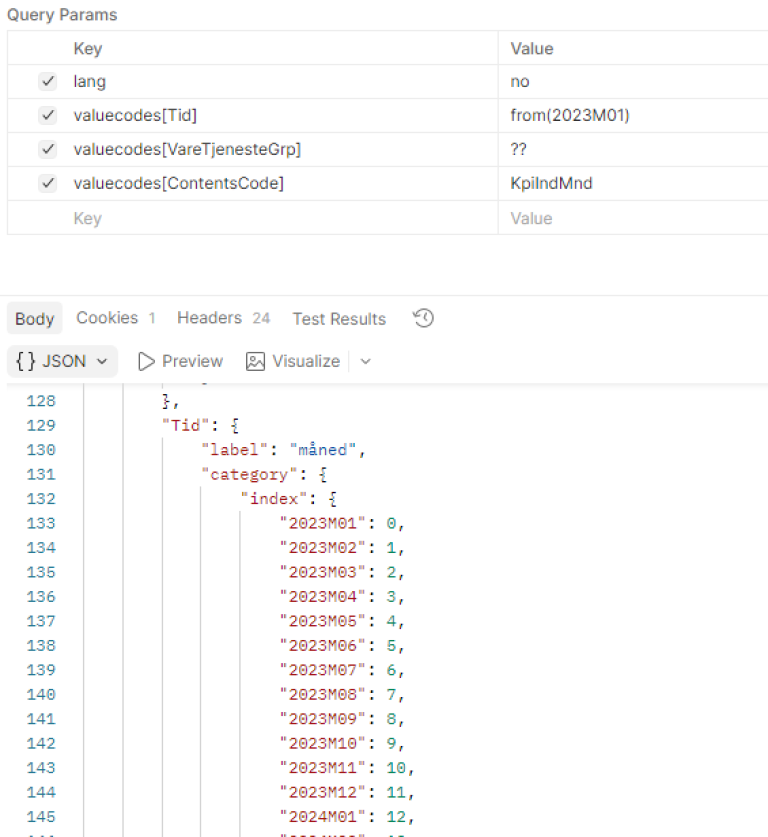 Utsnitt fra spørring mot tabell 14700 med perioder fra et gitt starttidspunkt.