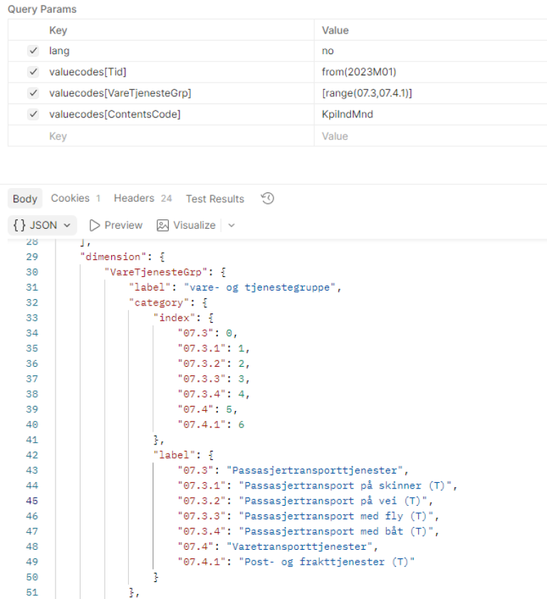 Utsnitt av spørring mot tabell 14700 for å hente alle verdier i spennet fra x til y.