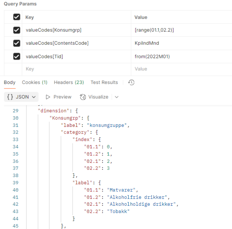 Utsnitt av tabell 03013 for å hente alle verdier i spennet fra x til y.