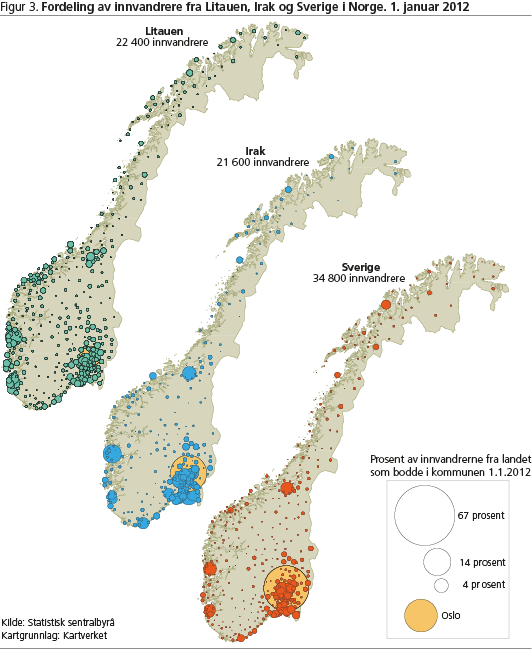 Figur 3. Fordeling av innvandrere fra Litauen, Irak og Sverige i Norge. 1. januar 2012 eve-fig3