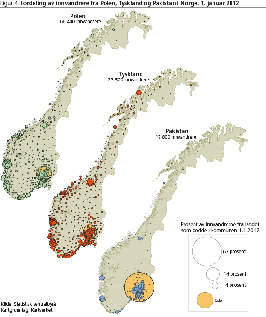 Figur 4. Fordeling av innvandrere fra Polen, Tyskland og Pakistan i Norge. 1. januar 2012 eve-fig4