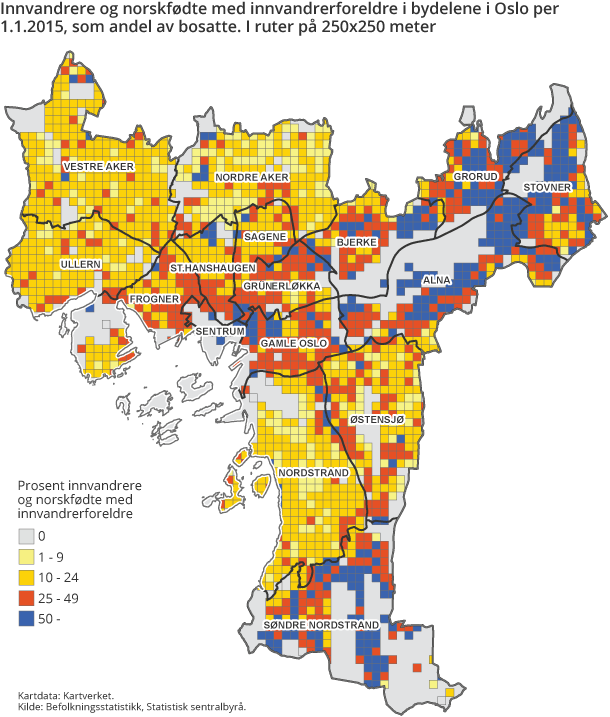 Innvandrere og norskfødte med innvandrerforeldre i bydelene i Oslo per 1.1.2015, som andel av bosatte. I ruter på 250x250 meter