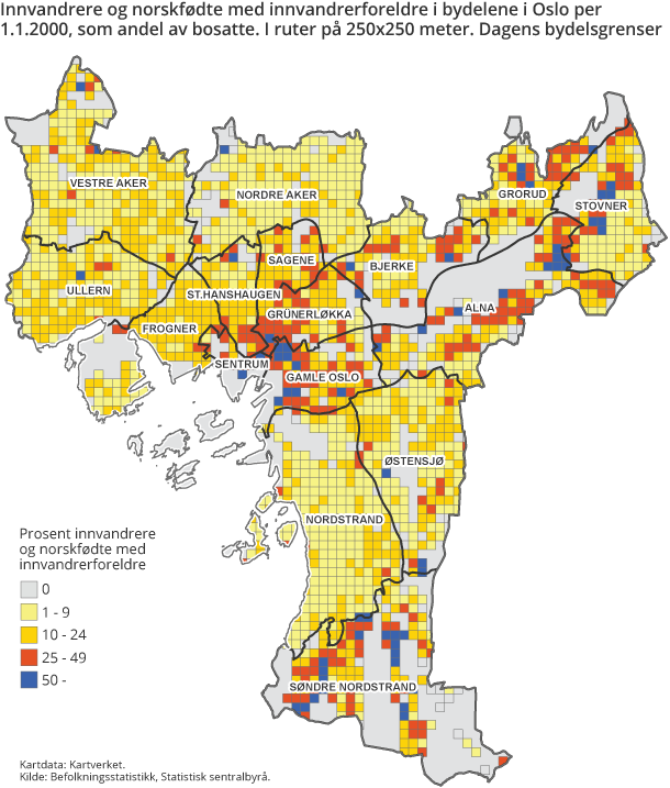 Innvandrere og norskfødte med innvandrerforeldre i bydelene i Oslo per 1.1.2000, som andel av bosatte. I ruter på 250x250 meter. Dagens bydelsgrenser