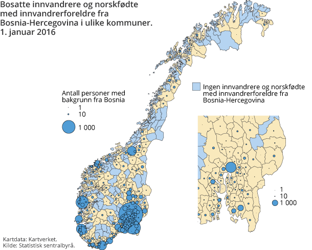 Bosatte innvandrere og norskfødte med innvandrerforeldre fra Bosnia-Hercegovina i ulike kommuner. 1. januar 2016