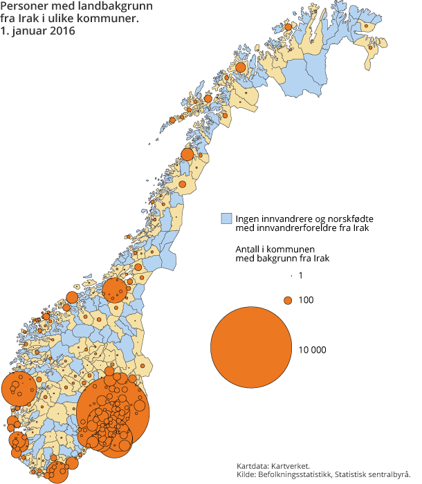 Personer med landbakgrunn fra Irak i ulike kommuner. 1. januar 2016