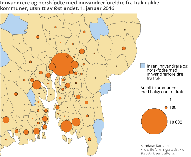 Innvandrere og norskfødte med innvandrerforeldre fra Irak i ulike kommuner, utsnitt av Østlandet. 1. januar 2016 Innvandrere og norskfødte med innvandrerforeldre fra Irak i ulike kommuner, utsnitt av Østlandet. 1. januar 2016