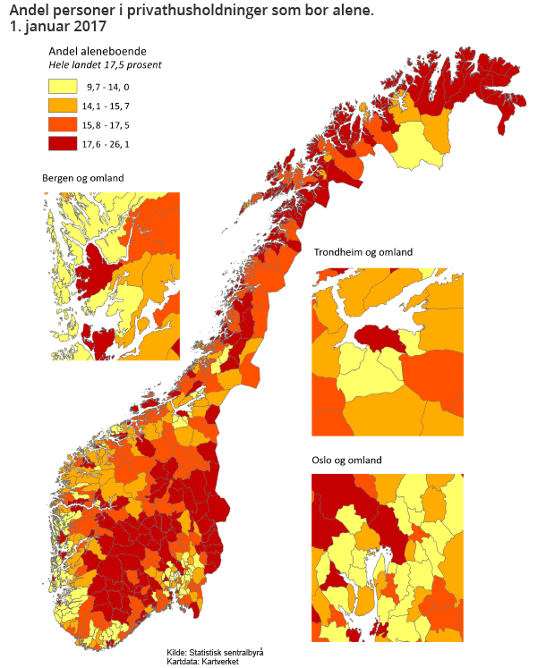 Figur 2. Andel personer i privathusholdninger som bor alene. 1. januar 2017 Figur 2. Andel personer i privathusholdninger som bor alene. 1. januar 2017