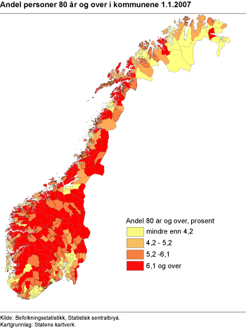 Figur: Andel personer 80 år og over i kommunene 1.1.2007