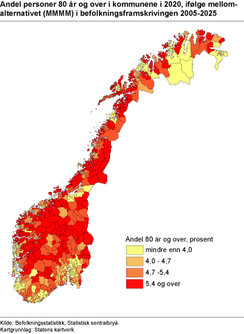 Figur: Andel personer 80 år og over i kommunene i 2020