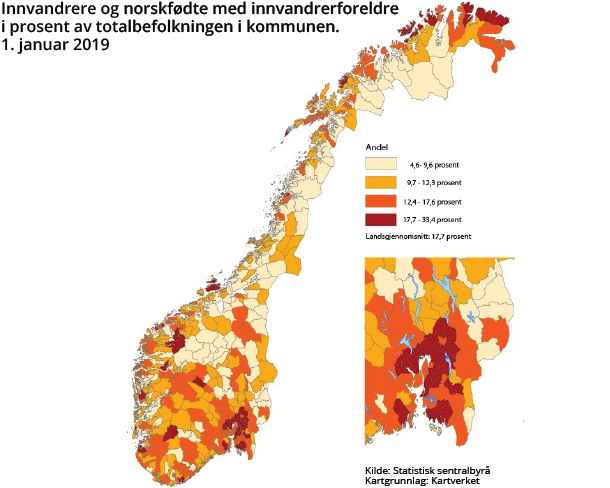 Figur 2. Innvandrere og norskfødte med innvandrerforeldre i prosent av totalbefolkningen i kommunen. 1. januar 2019