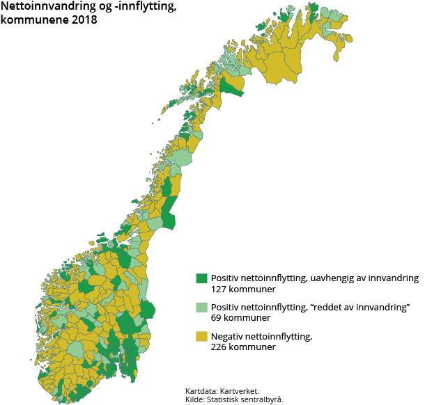 Figur 4. Nettoinnvandring og -innflytting, kommunene 2018 Figur 4. Nettoinnvandring og -innflytting, kommunene 2018