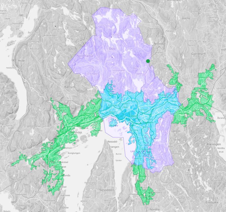 Kartutsnitt over areal for kommune Oslo og tettstedene Oslo og Movatn.