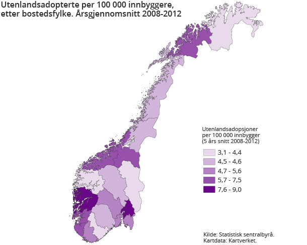 Utenlandsadopterte per 100 000 innbyggere, etter bostedsfylke. Årsgjennomsnitt 2008-2012