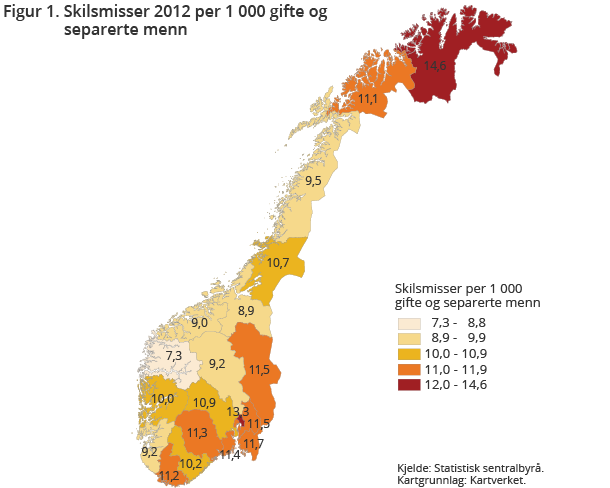Figur 1. Skilsmisser 2012 per 1 000 gifte og separerte menn Figur 1. Skilsmisser 2012 per 1 000 gifte og separerte menn