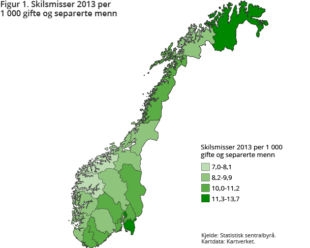 Figur 1. Skilsmisser 2013 per 1 000 gifte og separerte menn Figur 1. Skilsmisser 2013 per 1 000 gifte og separerte menn