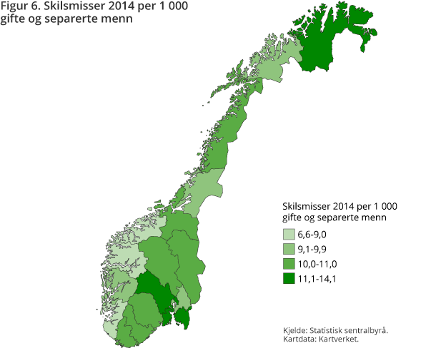 Figur 6. Skilsmisser 2014 per 1 000 gifte og separerte menn