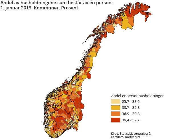 Andel av husholdningene som består av én person. 1. januar 2013. Kommuner. Prosent