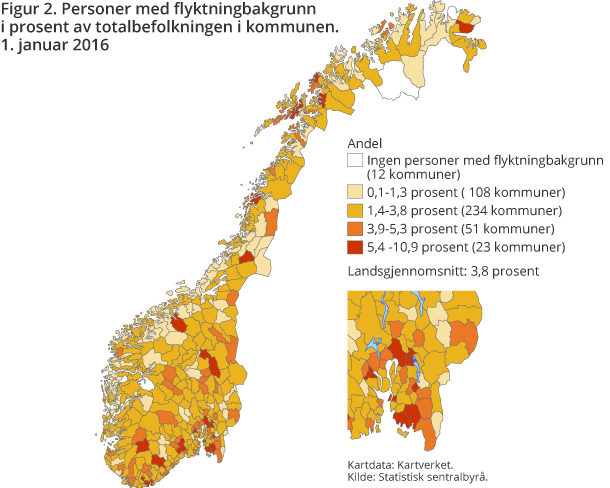 Figur 2. Personer med flyktningbakgrunn i prosent av totalbefolkningen i kommunen. 1. januar 2016 Figur 2. Personer med flyktningbakgrunn i prosent av totalbefolkningen i kommunen. 1. januar 2016