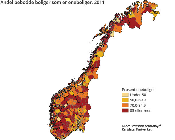 Andel bebodde boliger som er eneboliger. 2011