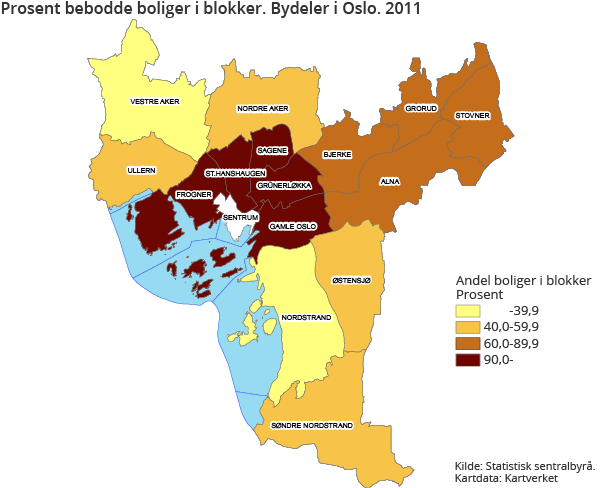 Prosent bebodde boliger i blokker. Bydeler i Oslo. 2011