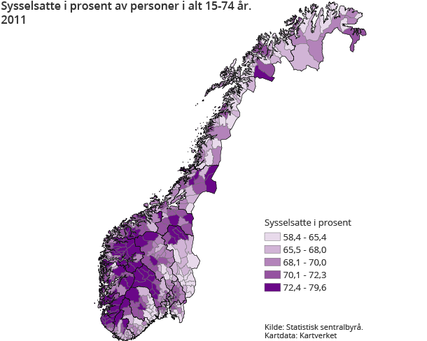 Sysselsatte i prosent av personer i alt 15-74 år.  2011 Sysselsatte i prosent av personer i alt 15-74 år.  2011
