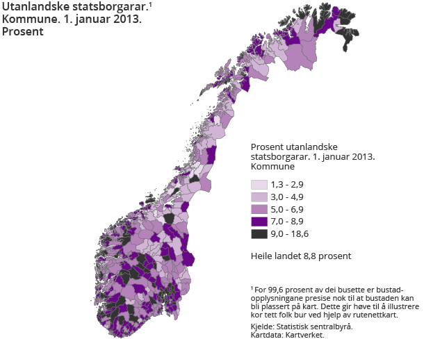 Utanlandske statsborgarar. Kommune. 1. januar 2013. Prosent