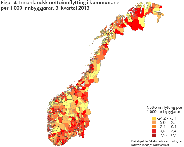 Figur 4. Innanlandsk nettoinnflytting i kommunane per 1 000 innbyggjarar. 3. kvartal 2013