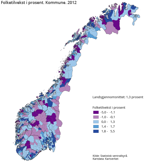 Folketilvekst i prosent. Kommune. 2012