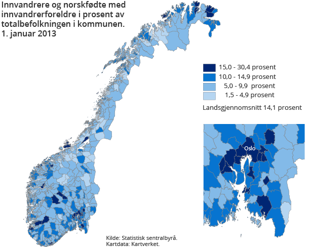 Innvandrere og norskfødte med innvandrerforeldre i prosent av totalbefolkningen i kommunen. 1. januar 2013