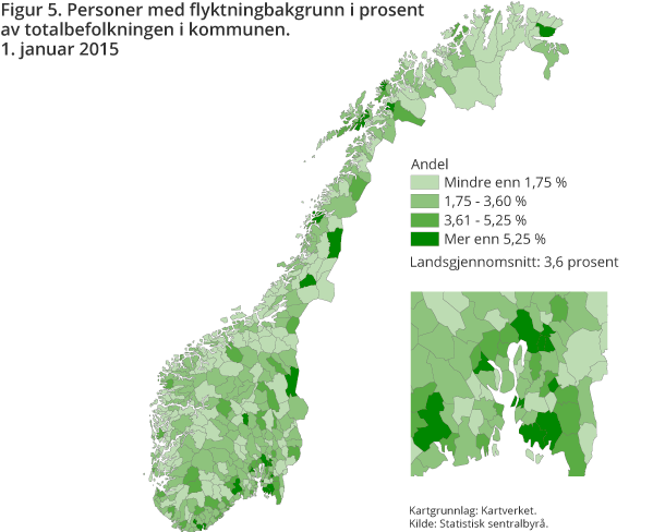 Figur 5. Personer med flyktningbakgrunn i prosent av totalbefolkningen i kommunen. 1. januar 2015 Figur 5. Personer med flyktningbakgrunn i prosent av totalbefolkningen i kommunen. 1. januar 2015